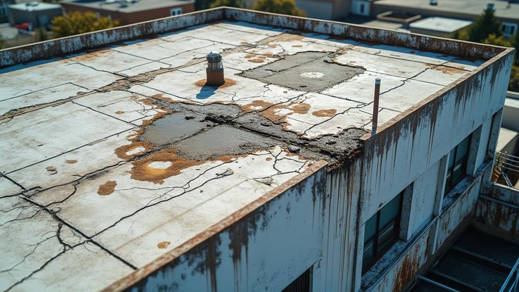 A damaged flat roof with standing water.
