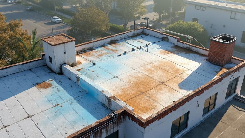 A damaged flat roof with standing water.
